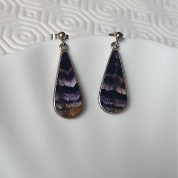 Vintage Boho Rare Sterling Silver Blue John Gemstone Purple Drop Dangle Earrings - Picture 5 of 10